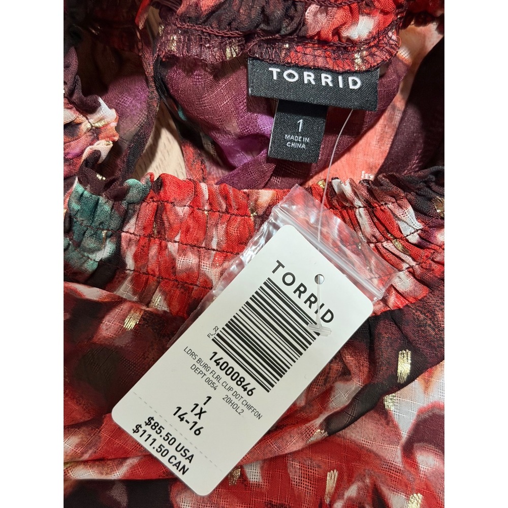 Torrid Chiffon Dress Plus 1X Floral Print Mock Neck Smocked Waist Midi Burgundy - Picture 7 of 8